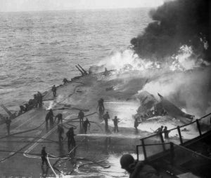HoySmith_USS_Saratoga_Kamikaze_hit_21_February_1945